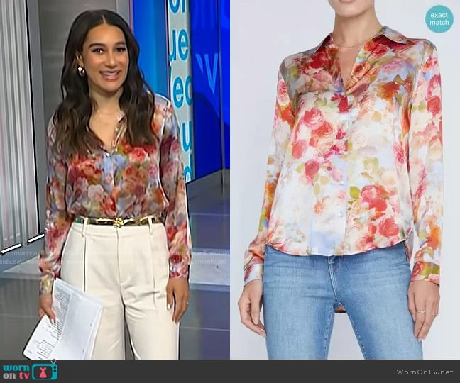 L'Agence Tyler Silk Shirt in Pink Multi Soft Cloud Floral worn by Morgan Radford on NBC News Daily