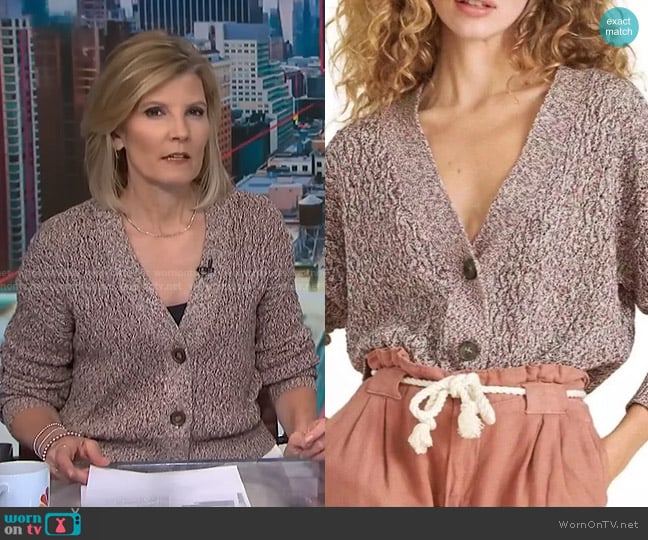Veronica Beard Gio Variegated Knit V-Neck Cardigan worn by Kate Snow on NBC News Daily