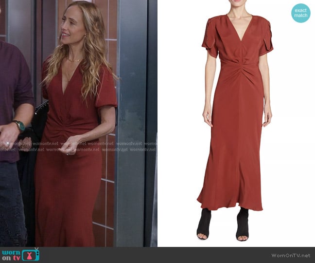 Victoria Beckham Gathered V-Neck Midi-Dress in Russet worn by Teddy Altman (Kim Raver) on Greys Anatomy