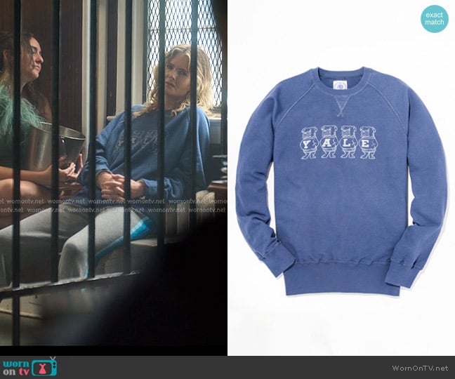 J.Press Yale Vintage Bulldog Sweatshirt in Blue worn by Devon DeWitt (Meghann Fahy) on Sirens
