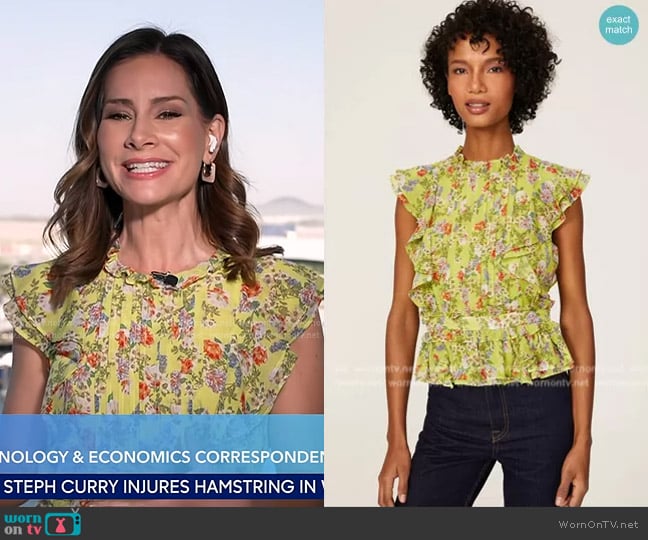 Marissa Webb Yellow Flutter Sleeve Top worn by Rebecca Jarvis on Good Morning America