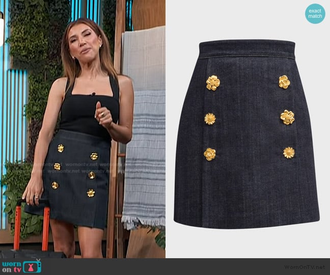 Adan Lippes Flower Button-Front Stretch Denim Mini Skirt worn by Adrianna Costa on Access Hollywood