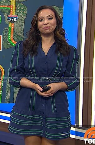 Adelle's navy belted dress with green stitching on Today