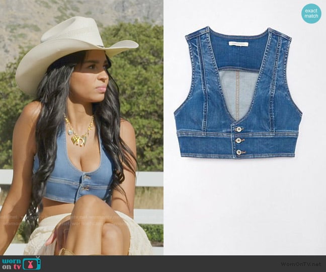 American Eagle Cropped Denim Bra Vest worn by Layla Taylor on The Secret Lives of Mormon Wives