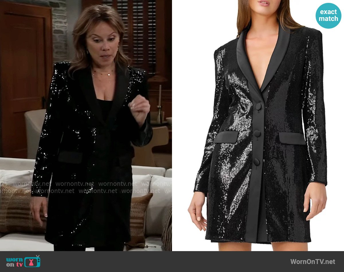 Aidan by Aidan Mattox Sequin Tuxedo Blazer Dress worn by Alexis Davis (Nancy Lee Grahn) on General Hospital