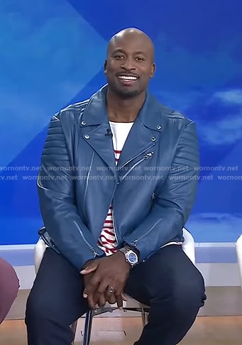 Akbar Gbajabiamila’s blue leather moto jacket on Today