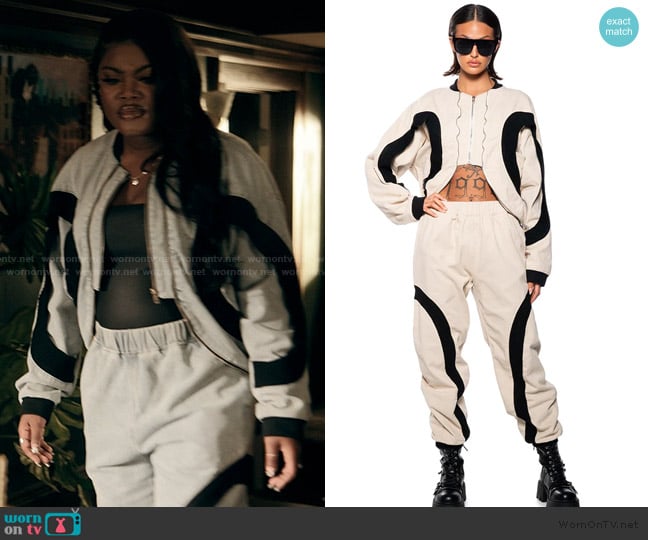 Akira Curve Effect Rib Ivory Denim Bomber worn by Lynae (Zaria Imani Primer) on The Chi