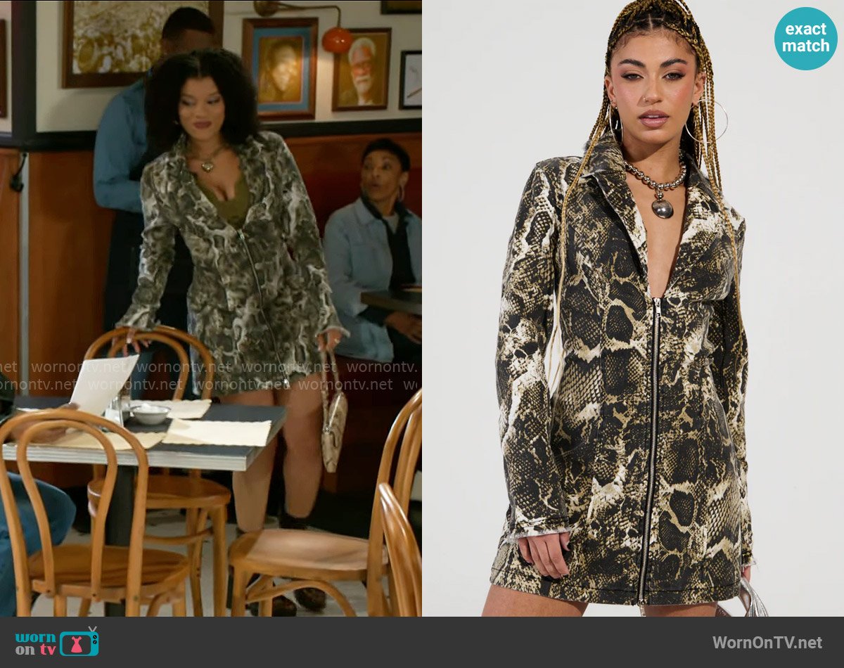Akira Feelin Exotic Snake Print Blazer Dress worn by Eva Thomas (Ambyr Michelle) on Beyond the Gates