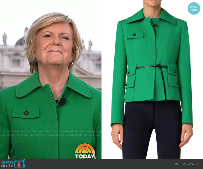 Akris Punto Wool Tricotine Belted Jacket in Sea Green-Navy worn by Anne Thompson on Today