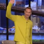 Alexander Skarsgard’s lime green cardigan on Live with Kelly and Mark