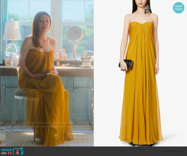 Alexander McQueen Draped sweetheart-neck silk maxi dress worn by Michaela Kell (Julianne Moore) on Sirens