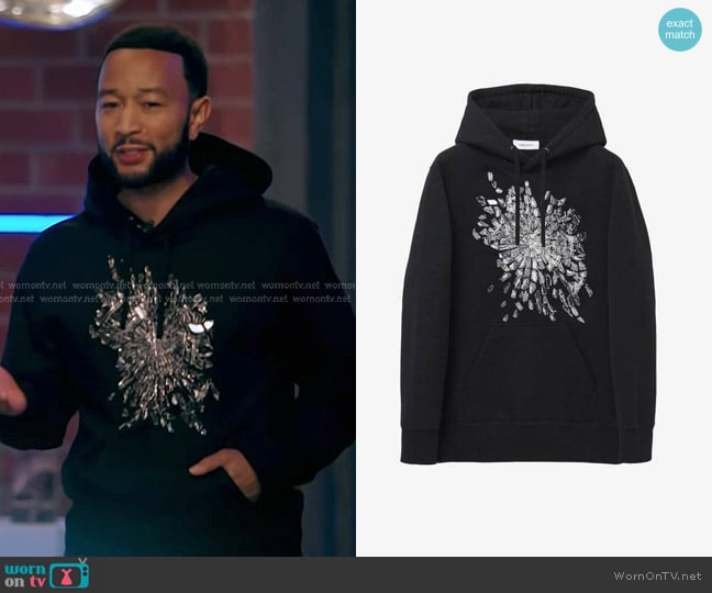 Alexander McQueen Smashed Screen Embroidered Hooded Sweatshirt​ in Black worn by John Legend on The Voice