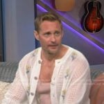 Alexander Skarsgard’s white floral embroidered cardigan on The Kelly Clarkson Show