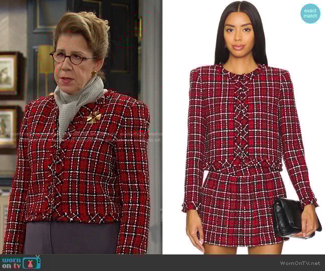 Alice + Olivia Kidman Jacket in School Girl Plaid Bright Ruby worn by Rita Beacon (Maggie Carney) on Days of our Lives