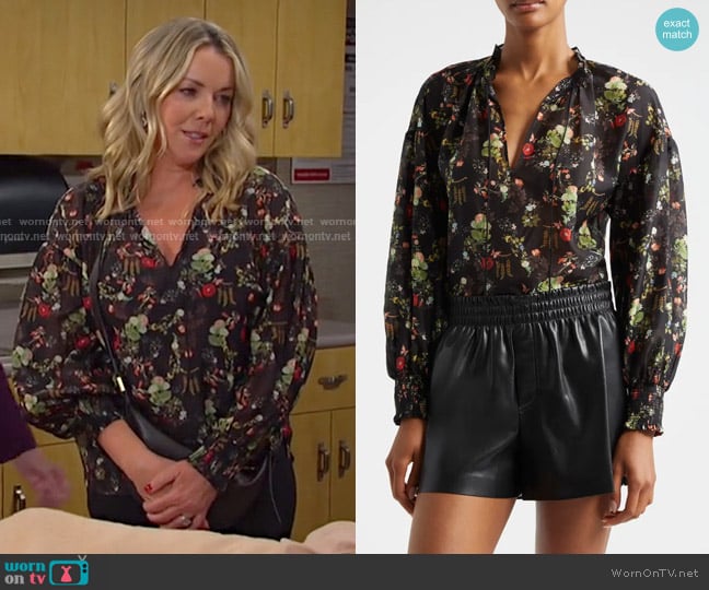Alice + Olivia Julius Tie Neck Tunic Top in Blush Kiss Black worn by Carrie Brady (Christie Clark) on Days of our Lives