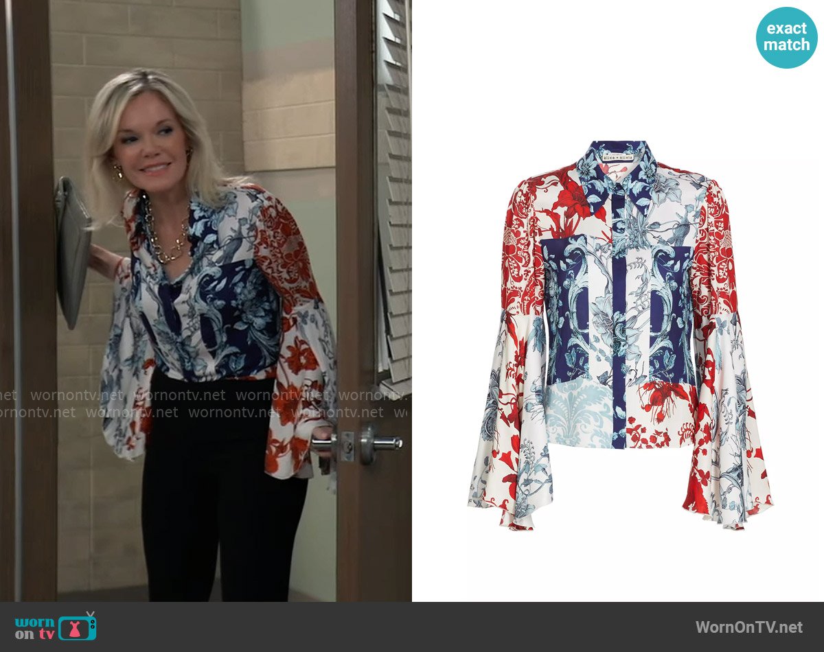 Alice + Olivia Willa Floral Bell-Sleeve Blouse in Jeladore worn by Ava Jerome (Maura West) on General Hospital