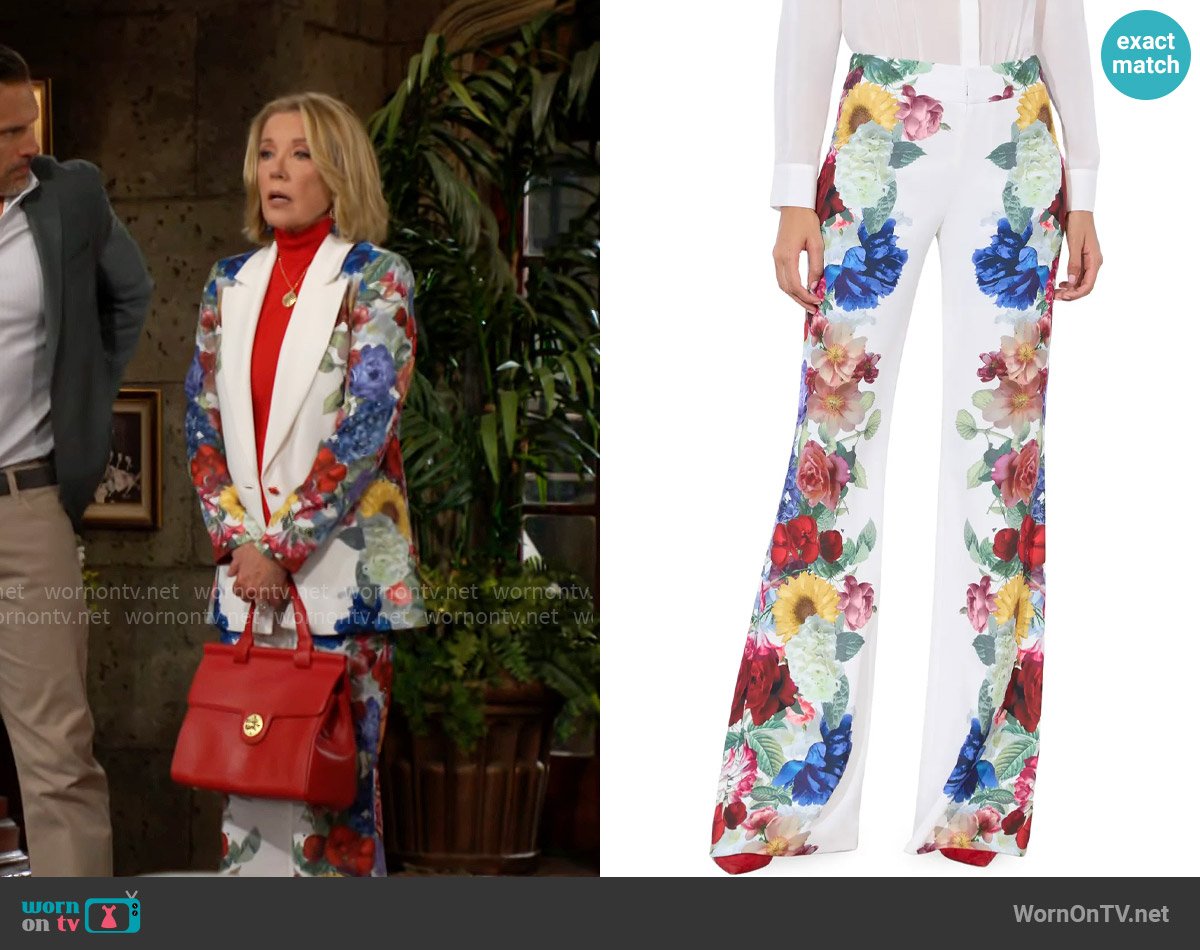 Alice + Olivia Andrew Pants in Garden Brunch Off White worn by Nikki Reed Newman (Melody Thomas-Scott) on The Young and the Restless