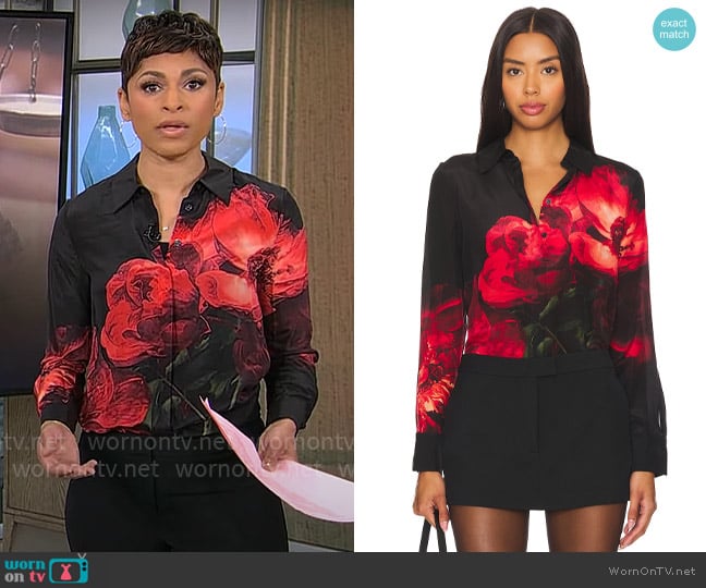 Alice + Olivia Brady Shirt in Peony Petals Bright Ruby worn by Jericka Duncan on CBS Mornings