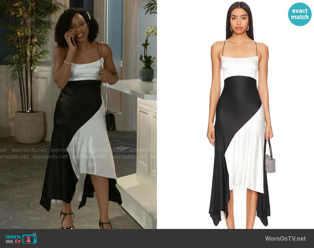 Alice + Olivia Rosa Handkerchief Slip Dress worn by Naomi Hamilton Hawthorne (Arielle Prepetit) on Beyond the Gates