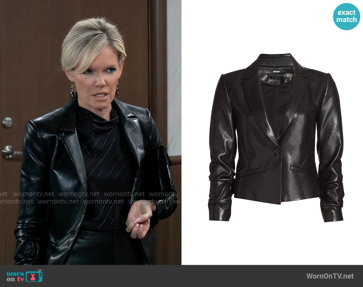 Alice + Olivia Vinnie Faux Leather Ruched-Sleeve Blazer worn by Ava Jerome (Maura West) on General Hospital