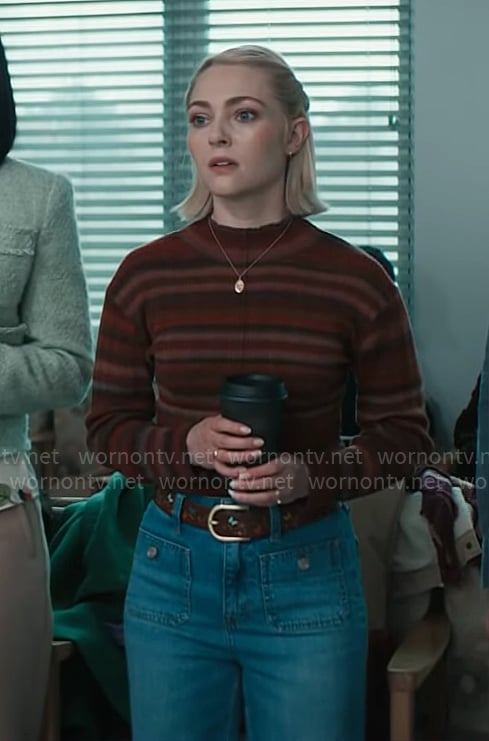 Alice’s red striped sweater and patch pocket jeans on Grosse Pointe Garden Society