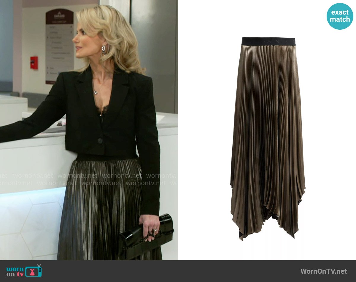 All Saints Phia Skirt in Metallic Gold worn by Vanessa McBride (Lauren Buglioli) on Beyond the Gates