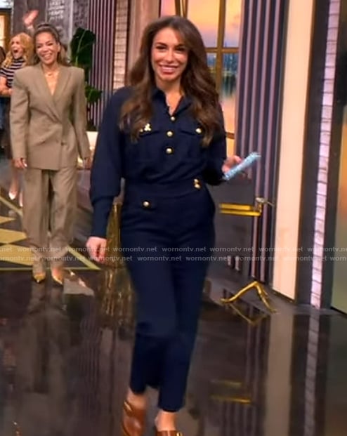 Alyssa’s navy gold button blouse on The View