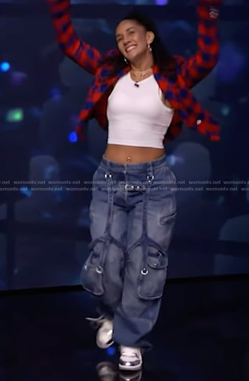 Amanda Serrano’s denim jeans and plaid jacket on Live with Kelly and Mark