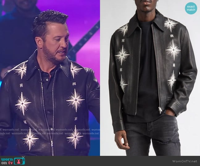 Amiri Starburst Appliqué Leather Bomber Jacket worn by Luke Bryan on American Idol