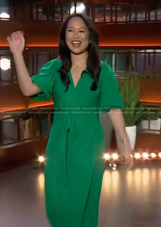 Ana Huang’s green wrap dress on The Kelly Clarkson Show