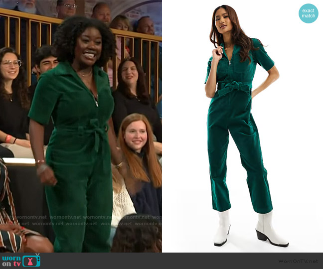& Other Stories Belted corduroy jumpsuit in green worn by Jenneh Kaikai on The Kelly Clarkson Show