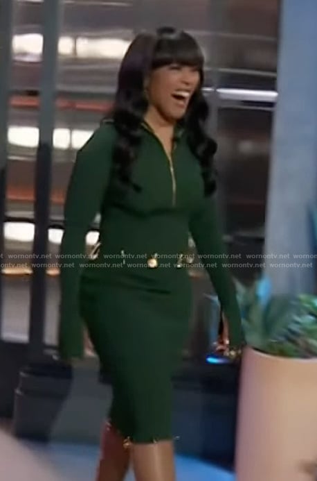 Angela Bassett’s green sweater and skirt with gold embellishments on The Kelly Clarkson Show