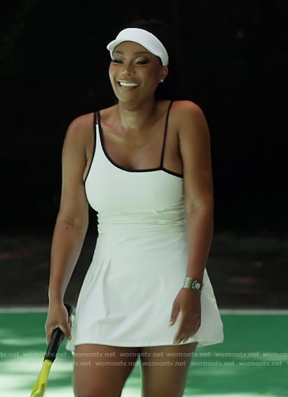 Angela's white asymmetric strap mini dress on The Real Housewives of Atlanta