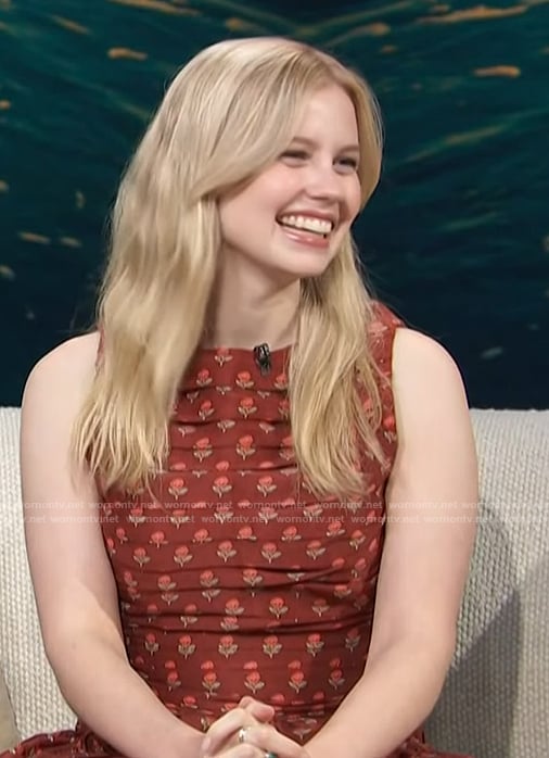Angourie Rice’s brown floral print mini dress on Access Hollywood