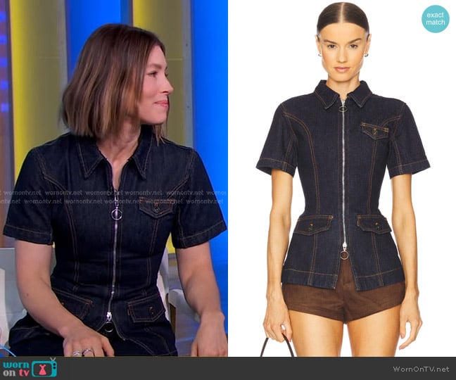 Jessica Biel’s short sleeve denim zip top on GMA