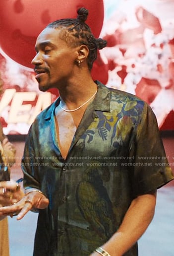 Tyler's satin camo print shirt on The Studio