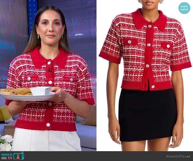 Aqua Tweed Cardigan in Red worn by Leah Cohen on Good Morning America