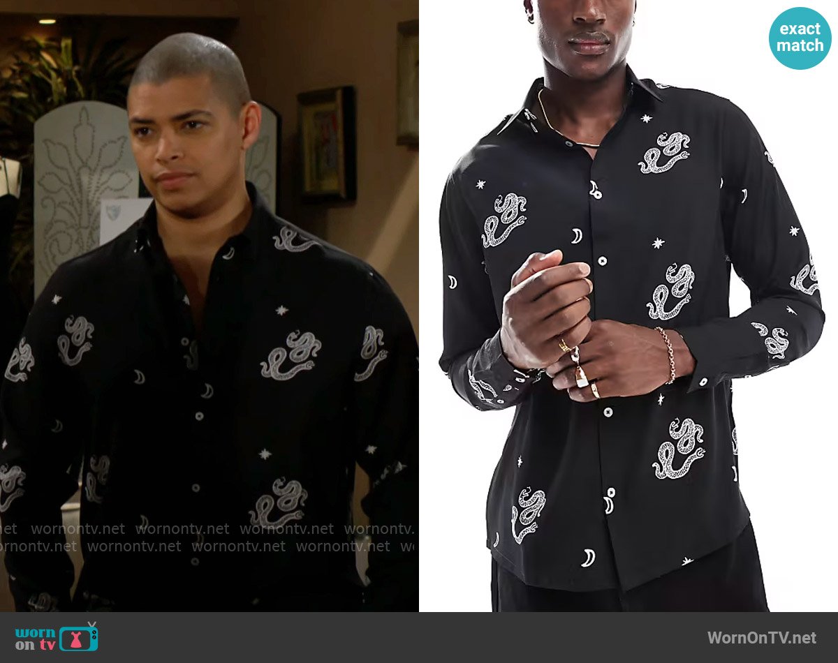 ASOS Design Relaxed shirt with snake print in black worn by Zende Forrester Dominguez (Delon De Metz) on The Bold and the Beautiful