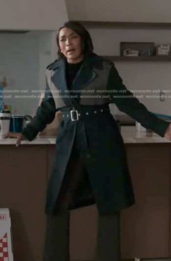 Athena's black colorblock trench coat on 9-1-1