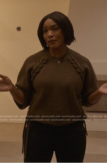 Athena's khaki lace-up knit sweater on 9-1-1