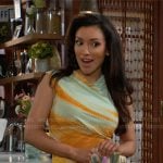 Audra’s aqua and orange printed midi dress on The Young and the Restless