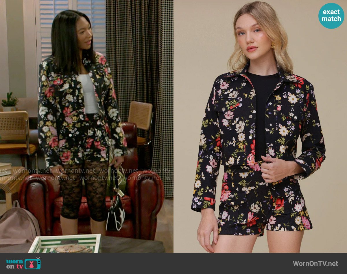 Avec Les Filles Cotton Cropped Printed Jacket in Black Wildflower worn by Jessica (Camryn Jade) on Beyond the Gates