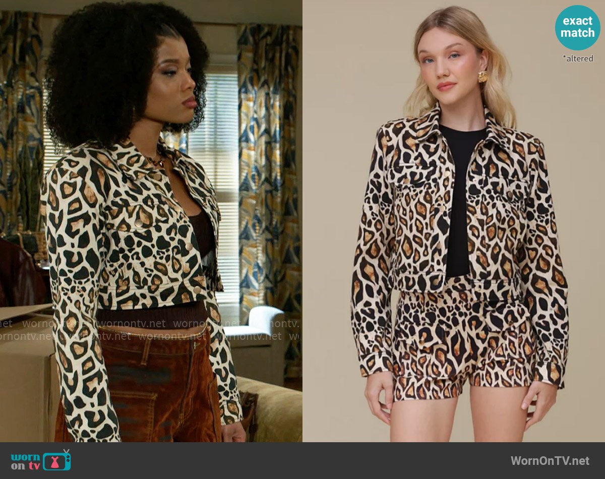 Avec Les Filles Cotton Cropped Printed Jacket in Leopard worn by Eva Thomas (Ambyr Michelle) on Beyond the Gates