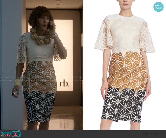 Badgley Mischka Tri-Colored Sheath Dress with Geometric Embroidered Print