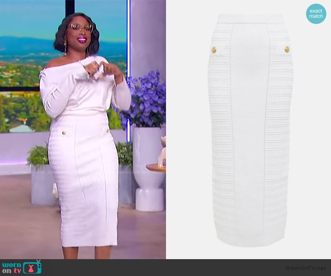 Balmain Embellished knit midi skirt worn by Jennifer Hudson on The Jennifer Hudson Show