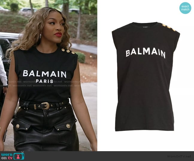 Balmain Logo Button-Shoulder Muscle T-Shirt worn by Drew Sidora on The Real Housewives of Atlanta