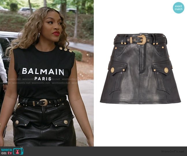 Balmain Leather Trapeze Miniskirt worn by Drew Sidora on The Real Housewives of Atlanta