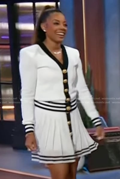 Monique Rodriguez’s white contrast cardigan and mini skirt on The Kelly Clarkson Show