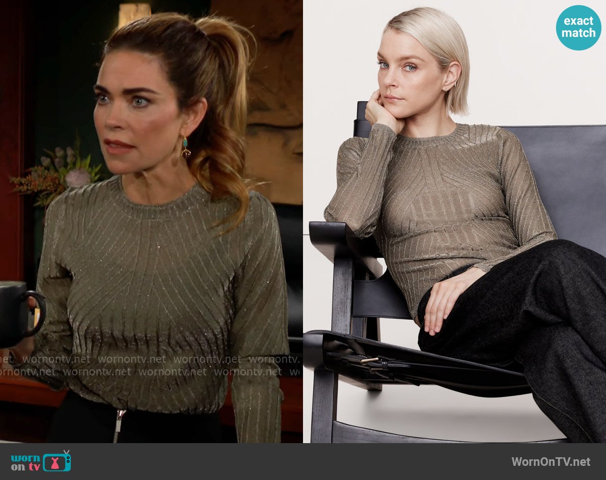 Banana Republic Metallic Ribbed Sweater Top worn by Victoria Newman (Amelia Heinle) on The Young and the Restless