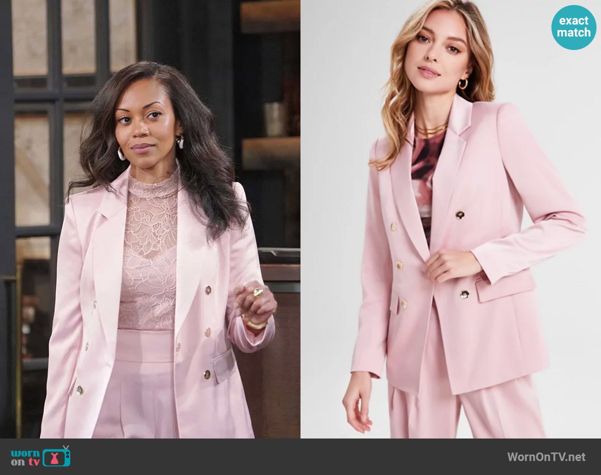 Bar III Satin One-Button Blazer in Desert Rose worn by Amanda Sinclair (Mishael Morgan) on The Young and the Restless
